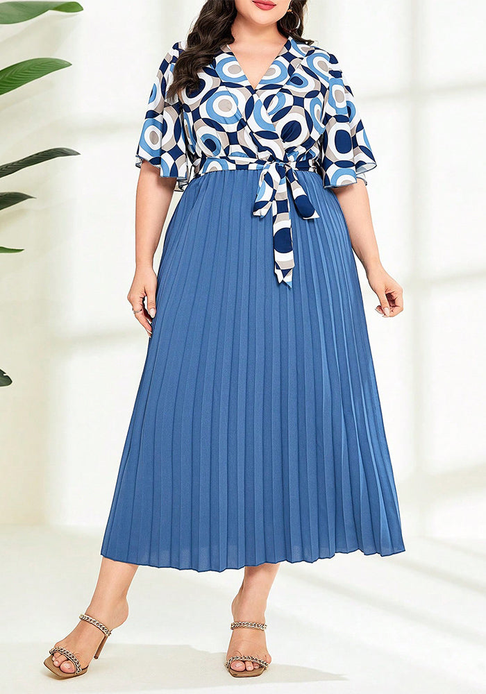 Summer Elegant Chic Patchwork Pleated Lace-Up Plus Size Women's Short Sleeve Dress