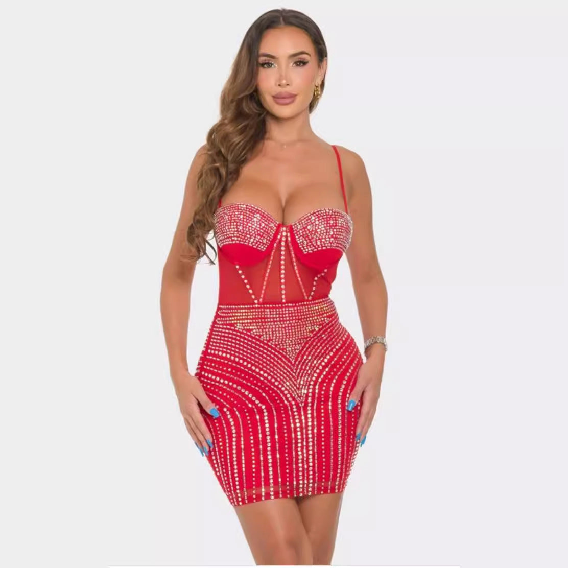 Sexy beaded see-through strap bodycon dress