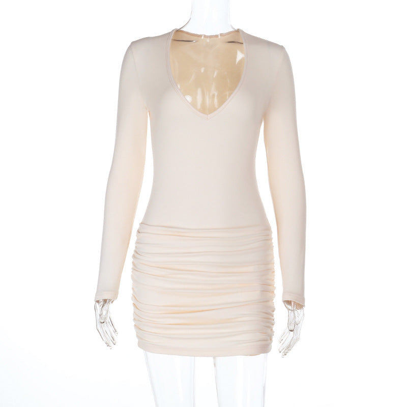 Women autumn/winter solid long-sleeved sexy U-neck bodycon dress 6