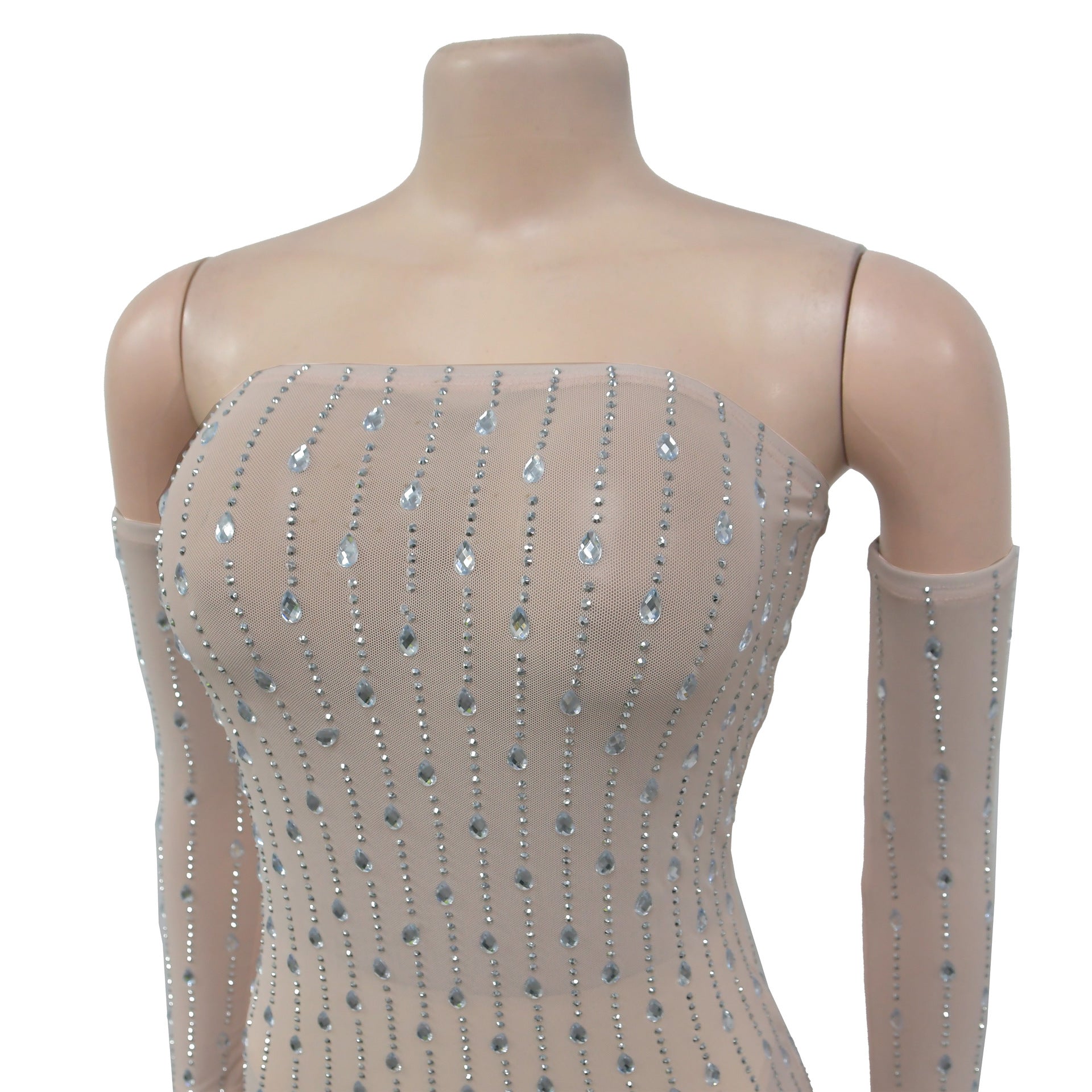 Fashion Women's Clothing Beaded Rhinestone Strapless Sexy See Through Nightclub Long Dress 10