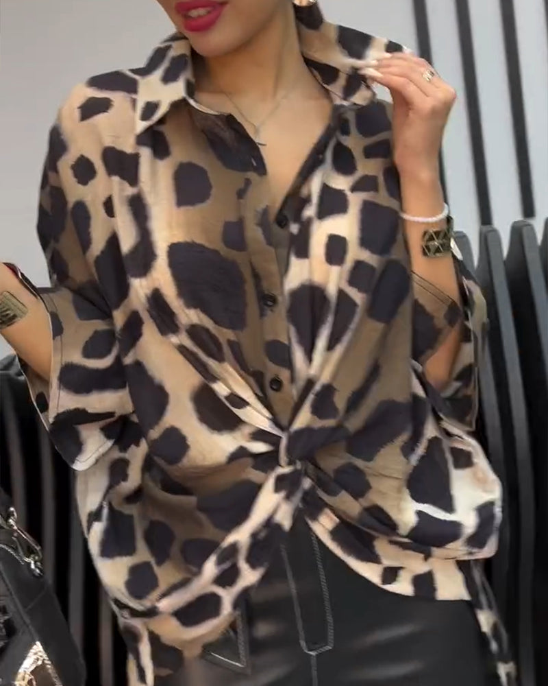 Women Leopard Print Loose 3/4 Sleeve Knot Shirt