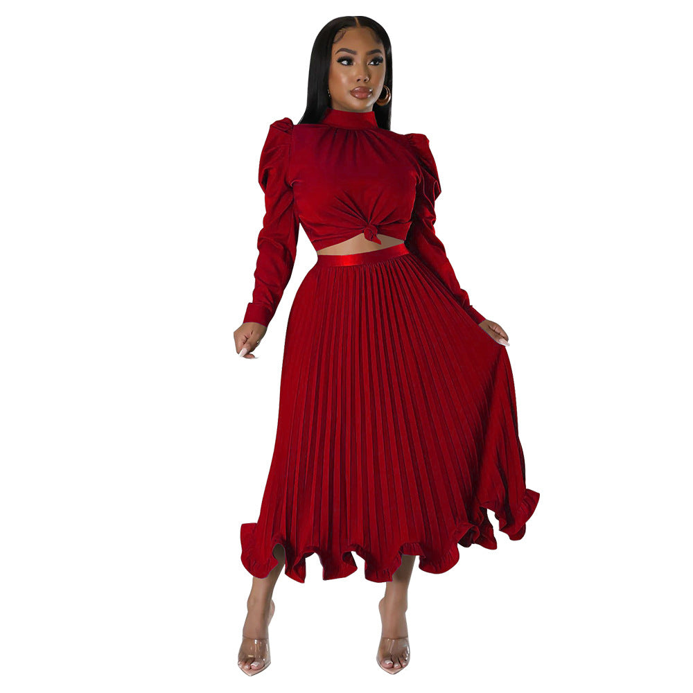 Fall Women Puff Sleeve Top And Ruffled Pleated Skirt Two-Piece Set 11