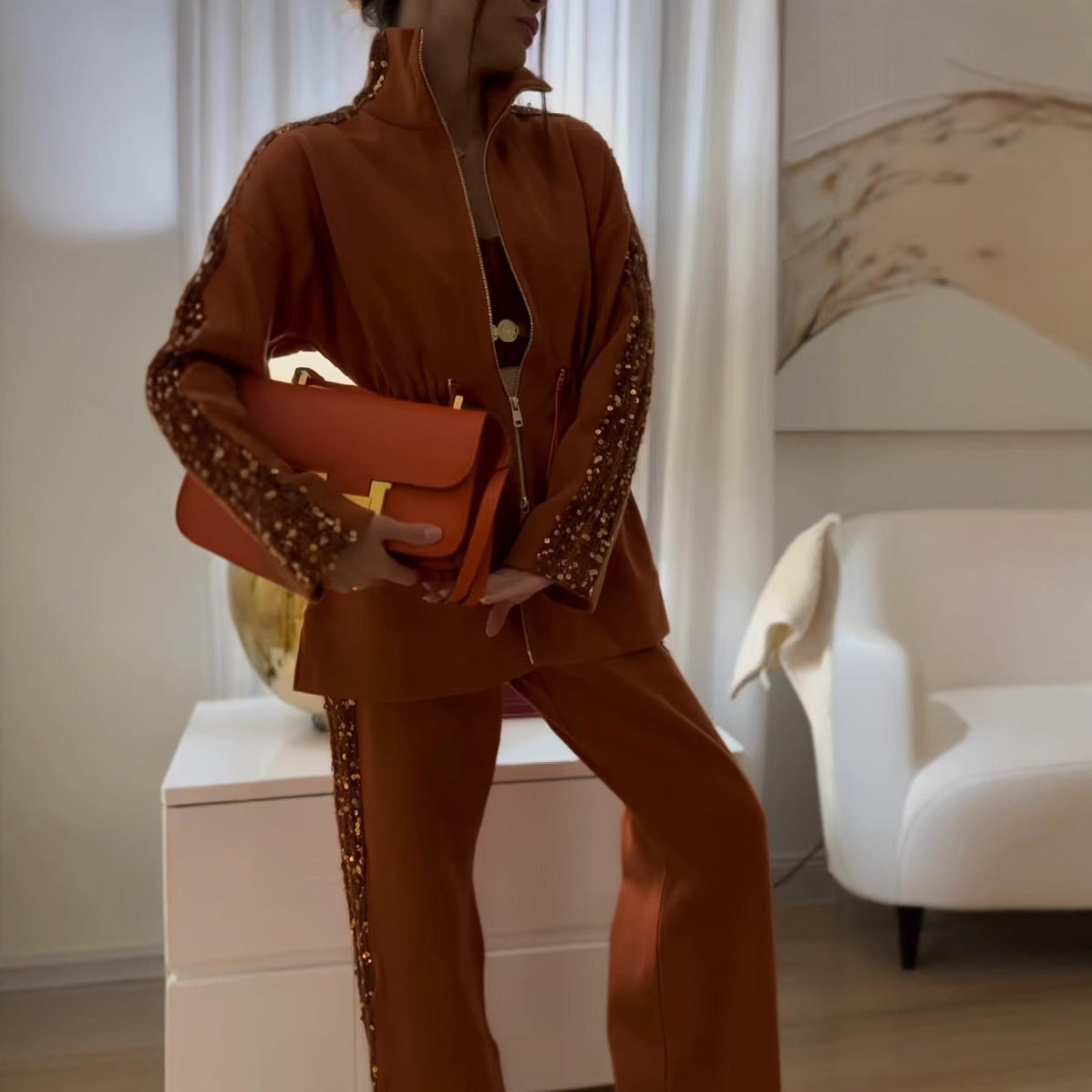 Autumn Fashion Contrast Color Drawstring Elastic Top Casual Pants Two Piece Set 5