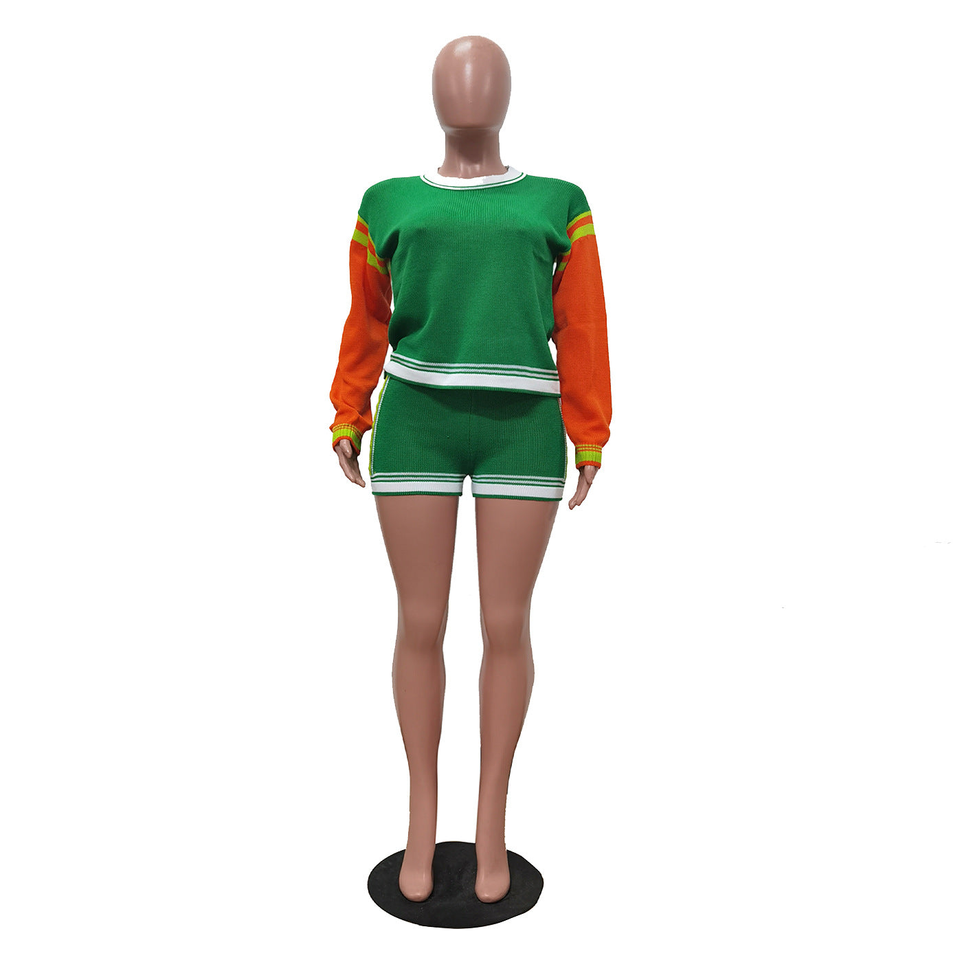 Women's Sporty Casual Color-Block Long Sleeve Two Piece Shorts Set 11