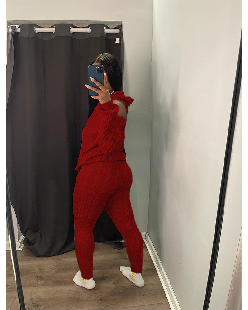 Women's Fashion Solid Color High Stretch Knitting Hooded Sweater Slim Long Pants Two Piece Set 12