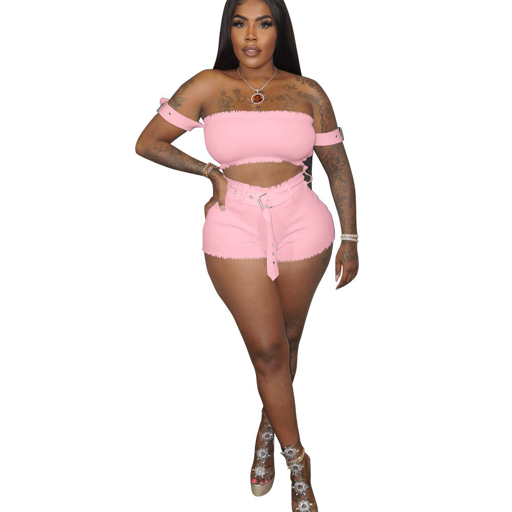 Women's Solid Color Off Shoulder Ribbed Crop Two-Piece Shorts Set with Belt 12