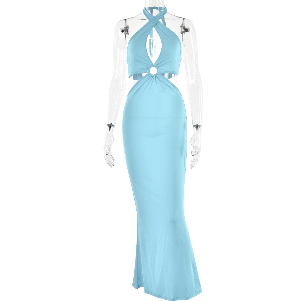 Summer Dress Sexy Fashion Patchwork Halter Neck Lace-Up Low Back Maxi Dress 19