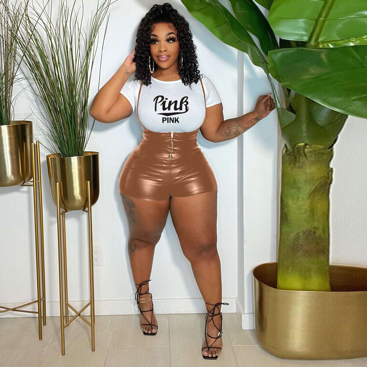 Women Short Sleeve Printed T-Shirt And Stretch Pu Leather Suspender Jumpsuit Two Piece Set 7