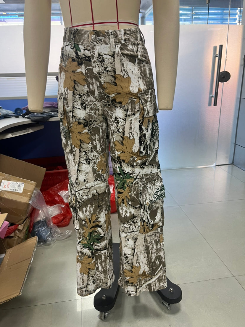 Women Fall Print Cargo Casual Denim Pants 8