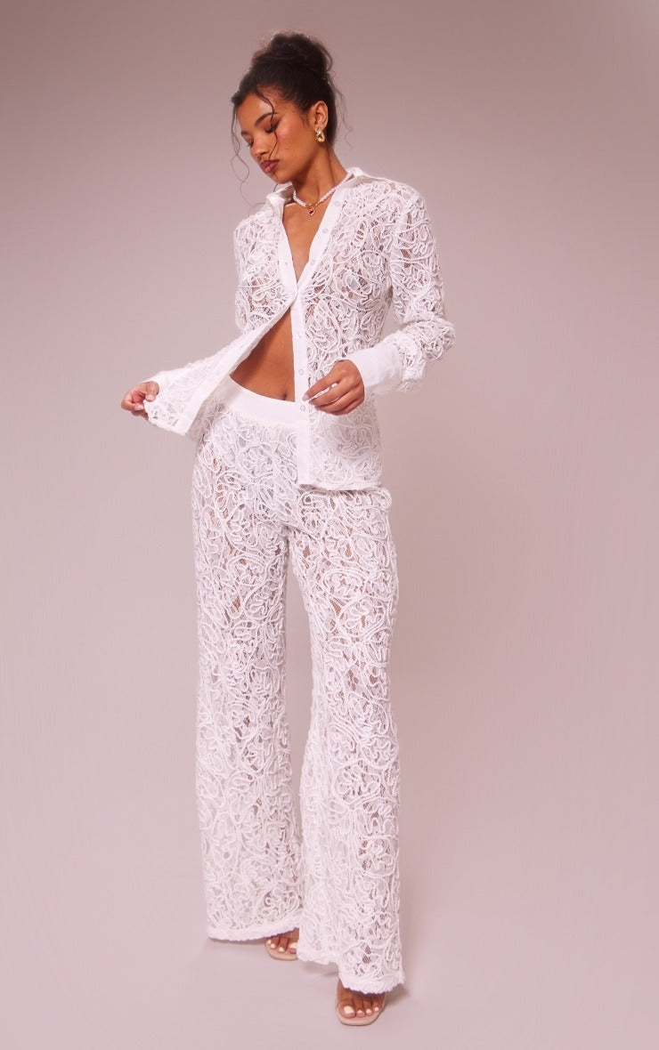 Autumn Slim Sexy Hollow Jacquard Lace Two Piece Pants Set 3