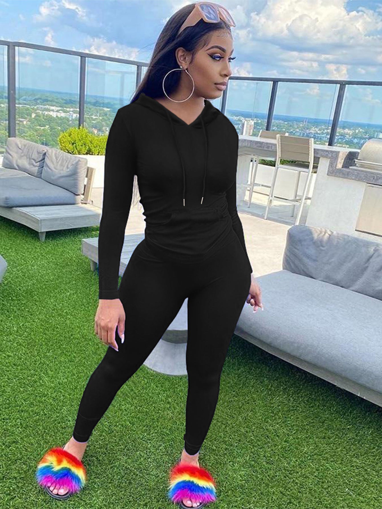 Women Casual Sports Long Sleeve Hooded Top and Pants Solid Two-Piece Set 3