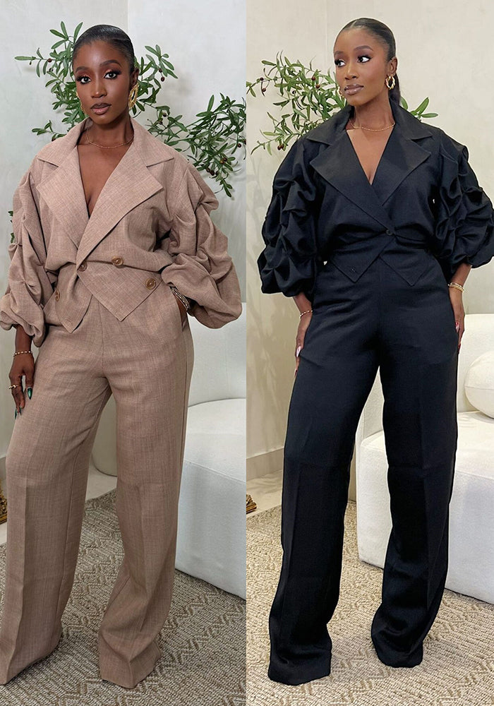 Career Casual Turndown Collar Pleated Sleeve Wide-Leg Pants Set