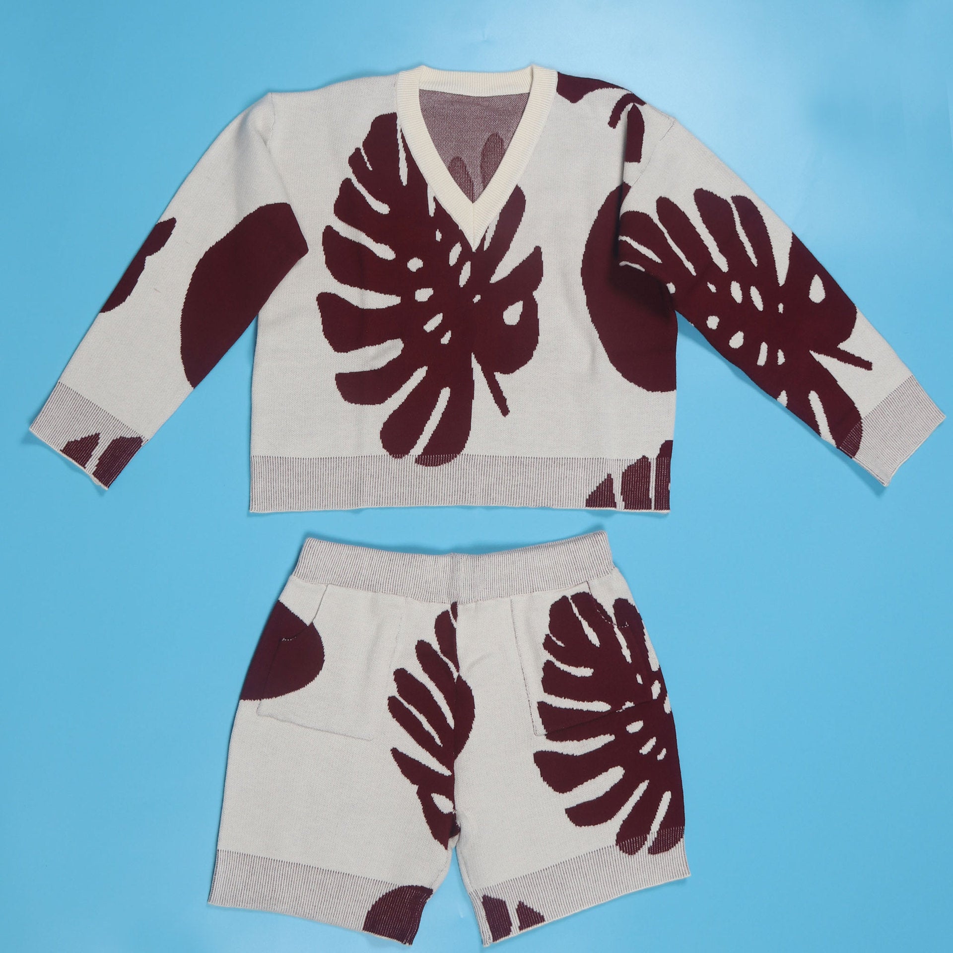 Sexy Leaf V-Neck Pullover Long-Sleeved Sweater Two-Piece Set 33