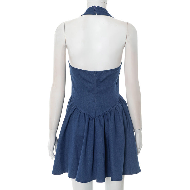 Women Sexy Denim Halter Neck Backless Dress 6