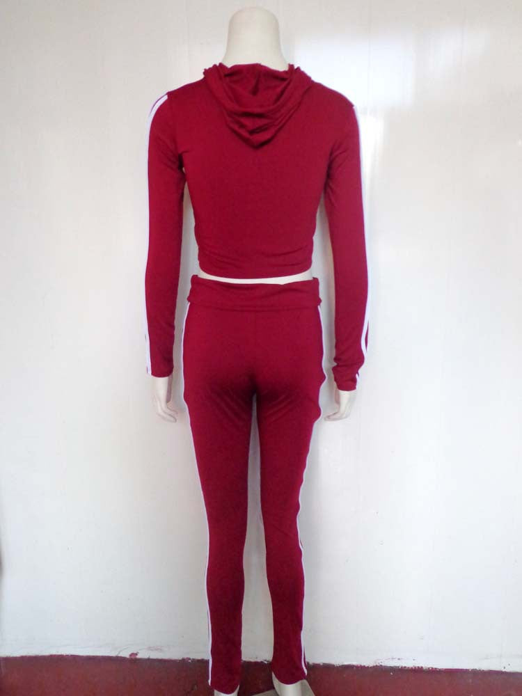 Women Elastic Hooded Drawstring Top and Trousers Casual Two Piece Set 22