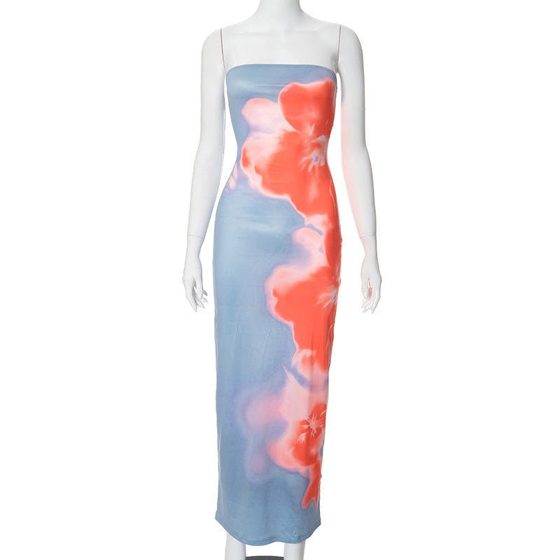 Women Summer Strapless Floral Print Slit Maxi Dress 6