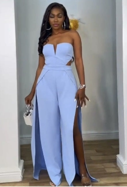 Women V-neck hollow backless patchwork split jumpsuit 3