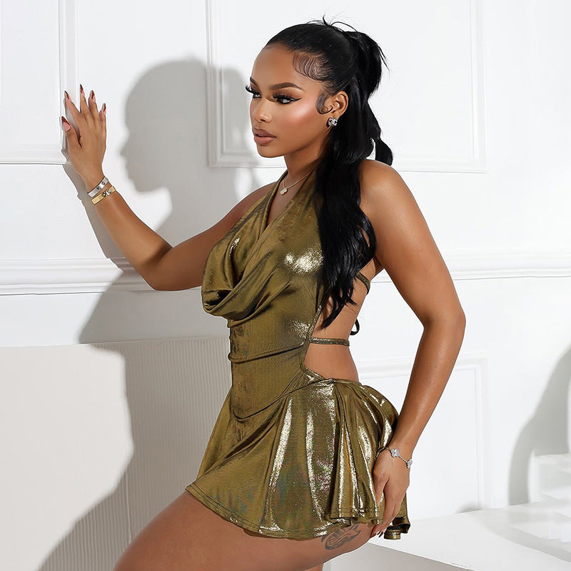 Women metallic v-neck sexy backless lace-up pleated dress 5