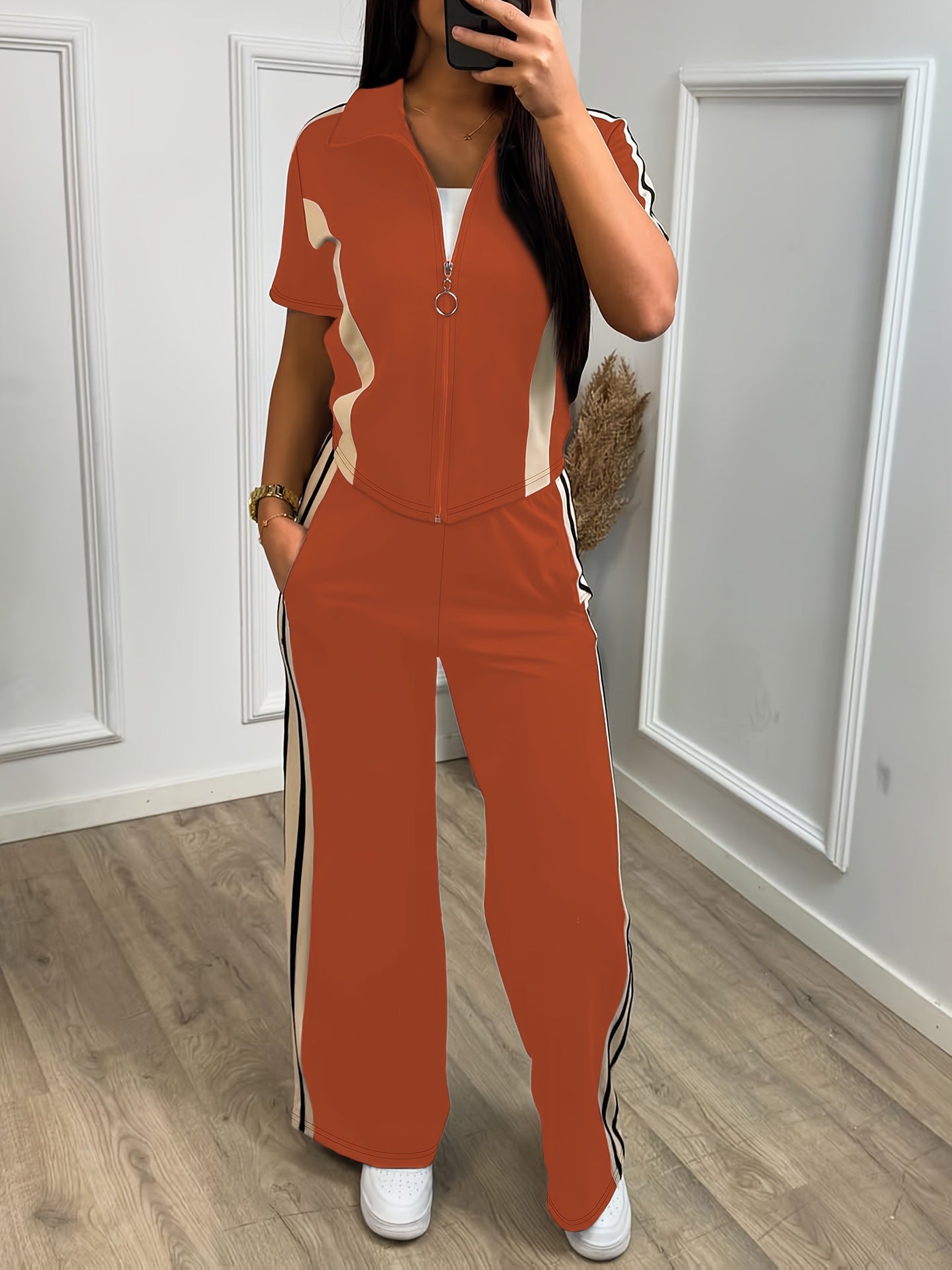 Spring/Summer Women's Casual Zip-Up Short-Sleeve Top & Elastic-Waist Pants Two Piece Set 5