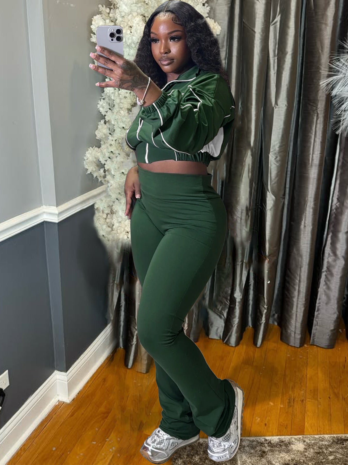 Contrast Zip Patchwork Sport Two Piece Pants Set 5