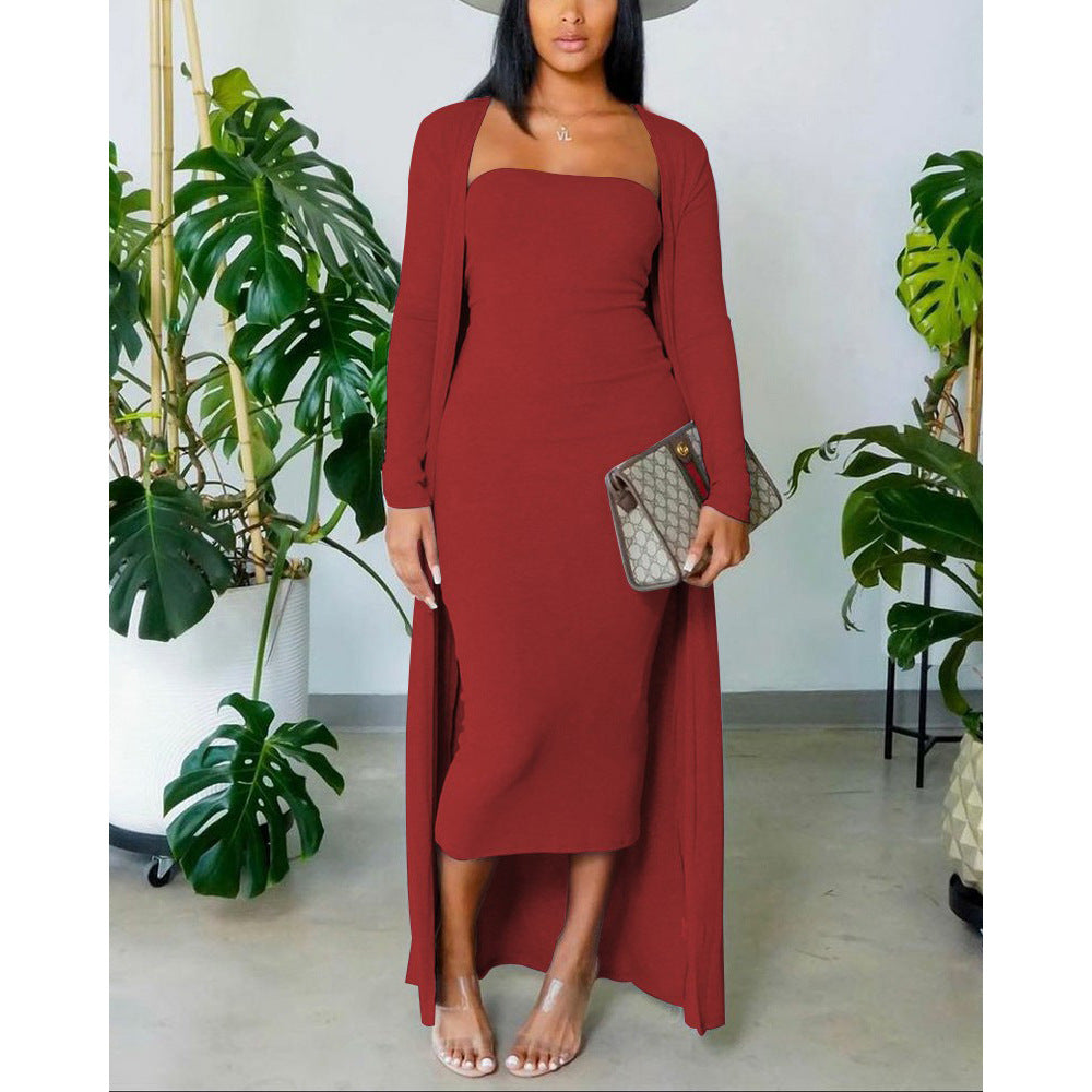 Autumn Long-Sleeved Coat Chic Fashion Solid Color Strapless Slim Long Dress Two Piece Set 6