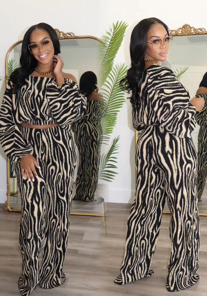 Autumn Women's Clothing Slash Shoulder Printed Two-Piece Pants Set