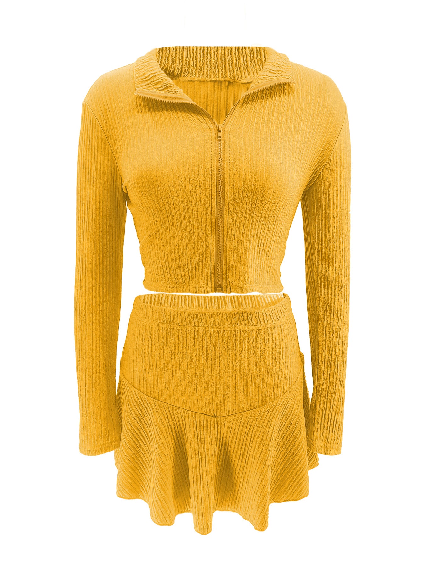 Women Solid Zippered Cropped Top Two-piece set with ruffled skirt 38