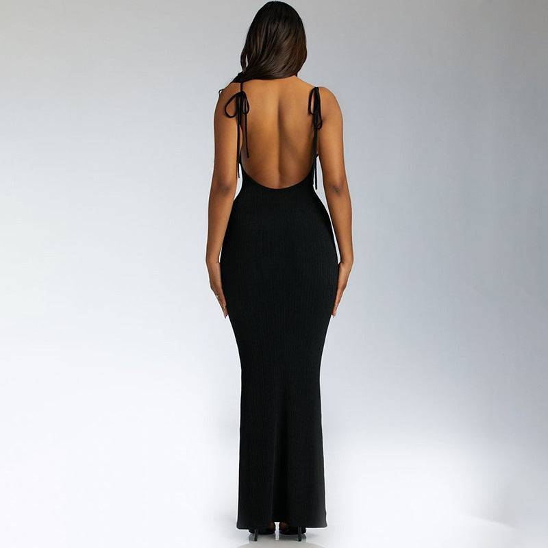 WomensSexy Backless Lace-Up Sleeveless Sling Long Dress 2
