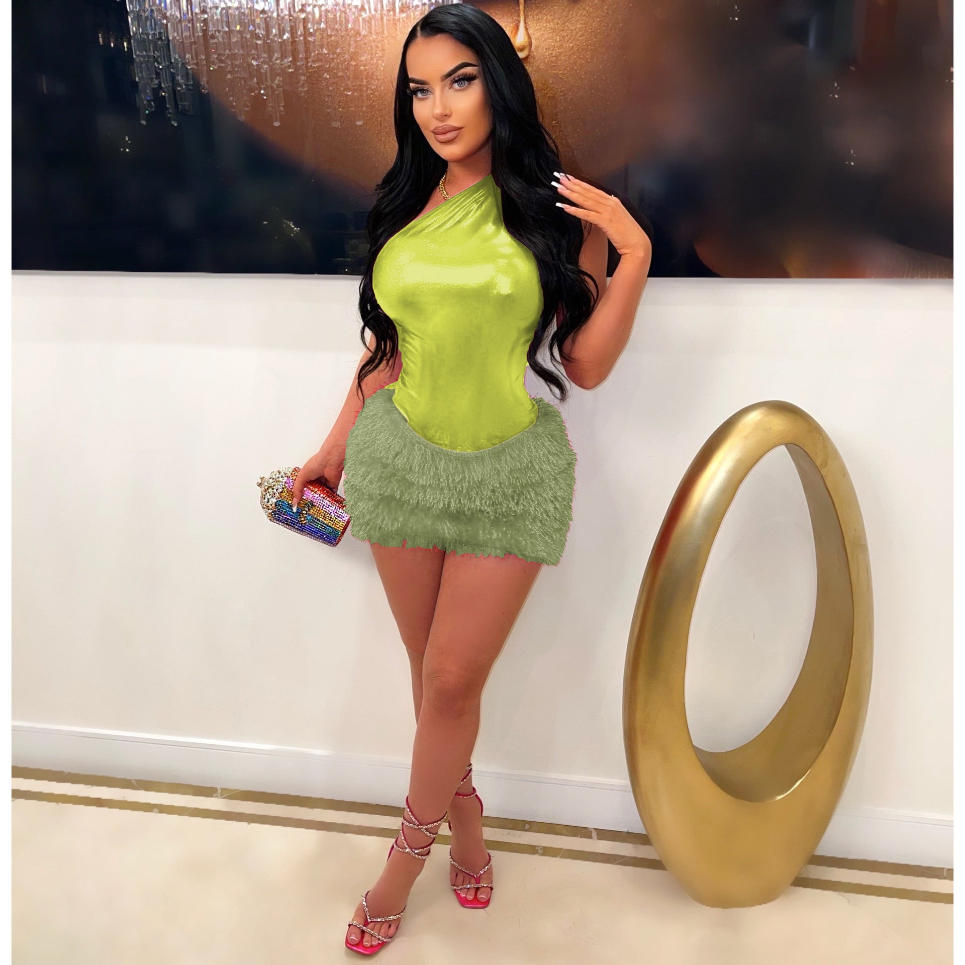 Women's Solid Color Glossy Bodysuit Sexy Short Skirt Two-Piece Set 8