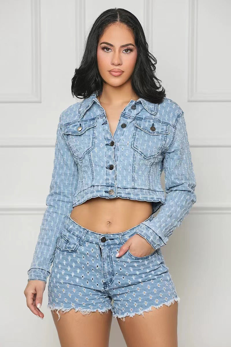 Women Casual Ripped Denim Top and Shorts Set 3