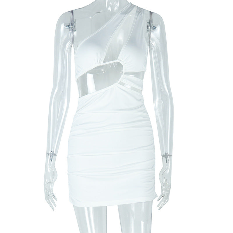 Women Casual Hollow Elegant Soild Sleeveless Slash Shoulder Bodycon Dress 9