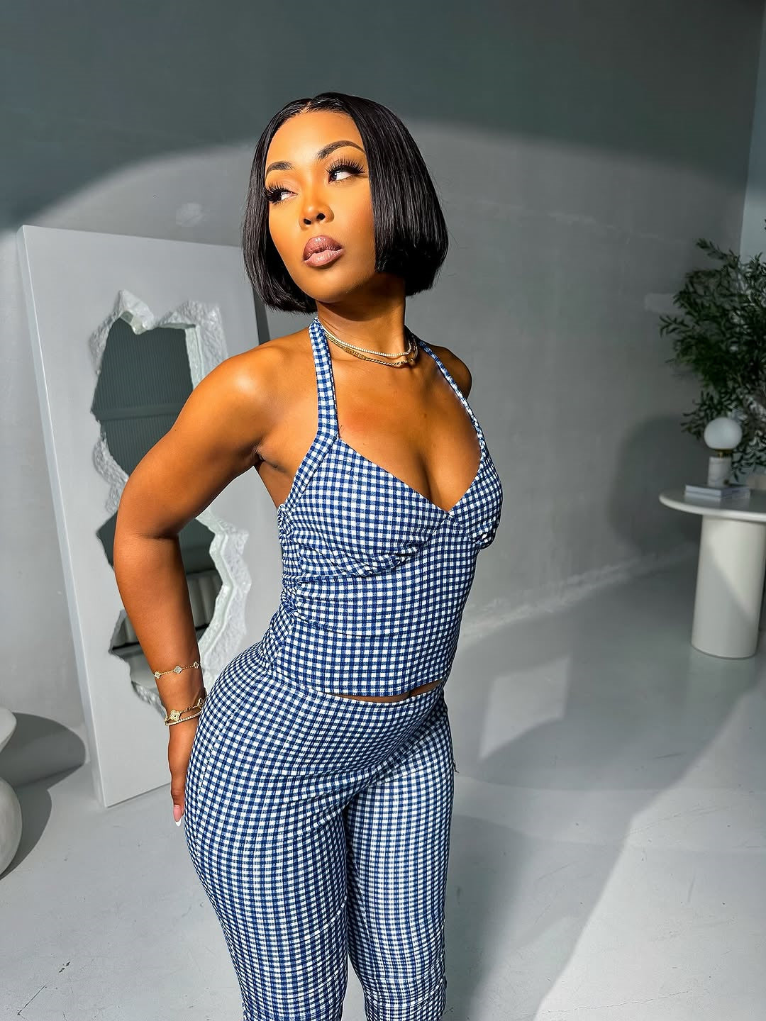 Fashion Plaid Print Sexy Stretch Short Halter Top Slim Tight Pants Set 5