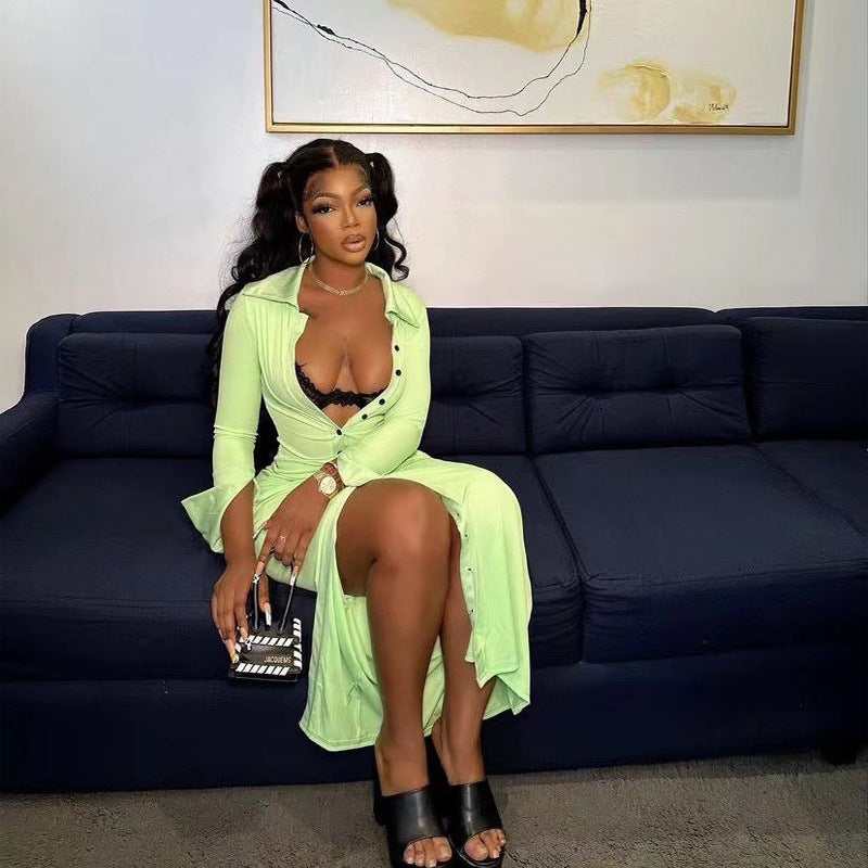 Sexy Button Long-Sleeved Midi Dresses For Women 5