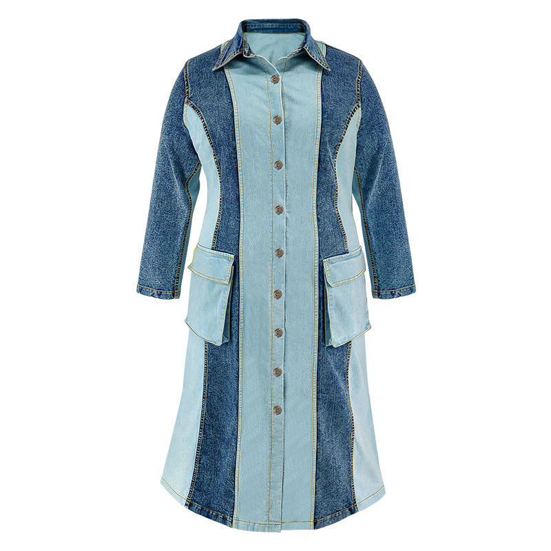 Plus Size Women's Denim Patchwork Turndown Collar Long Sleeve Long Dress 7