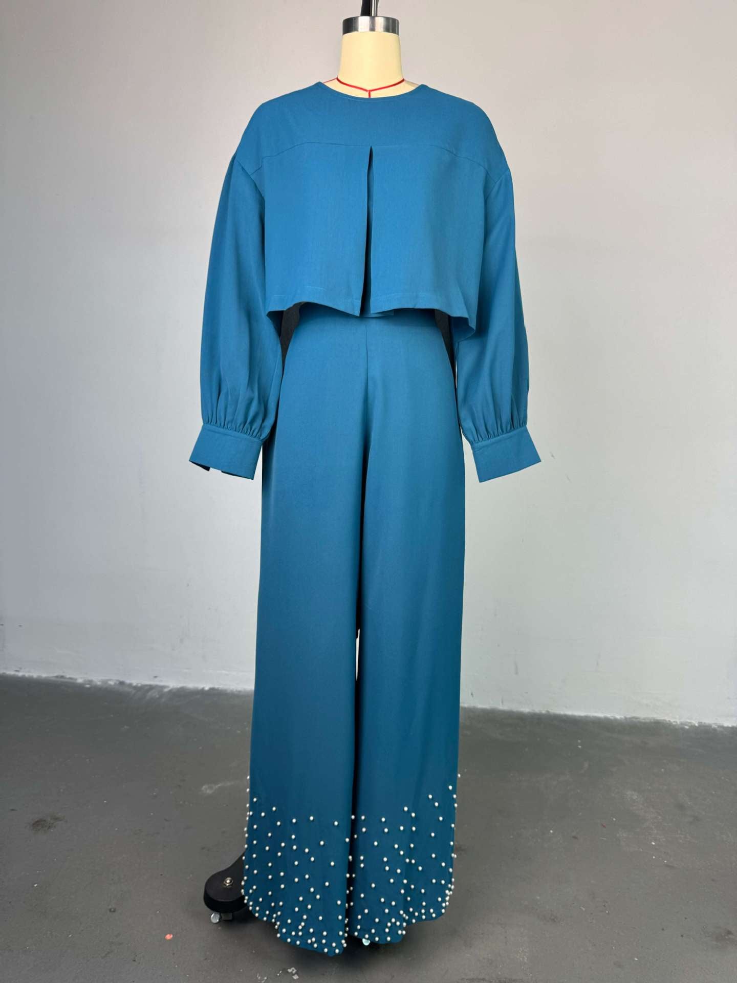 Women Spring Summer Round Neck Irregular Lantern Sleeve Top Beaded Wide Leg Pants Two-Piece Set 4