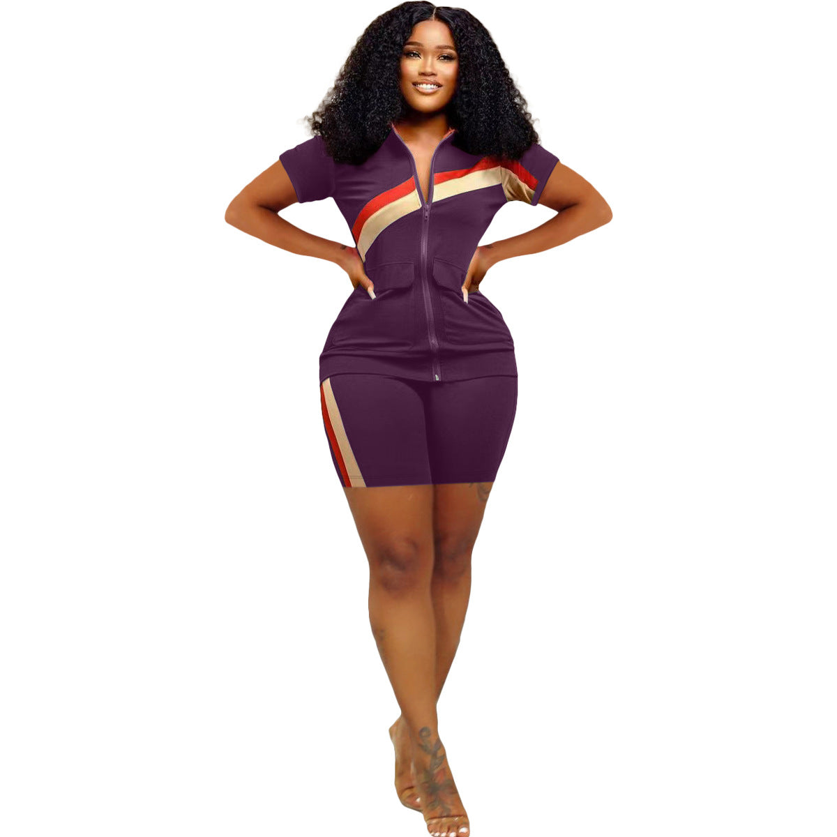 Women's Sports Casual Fashion Zip Pocket Top Shorts Two-Piece Set 15