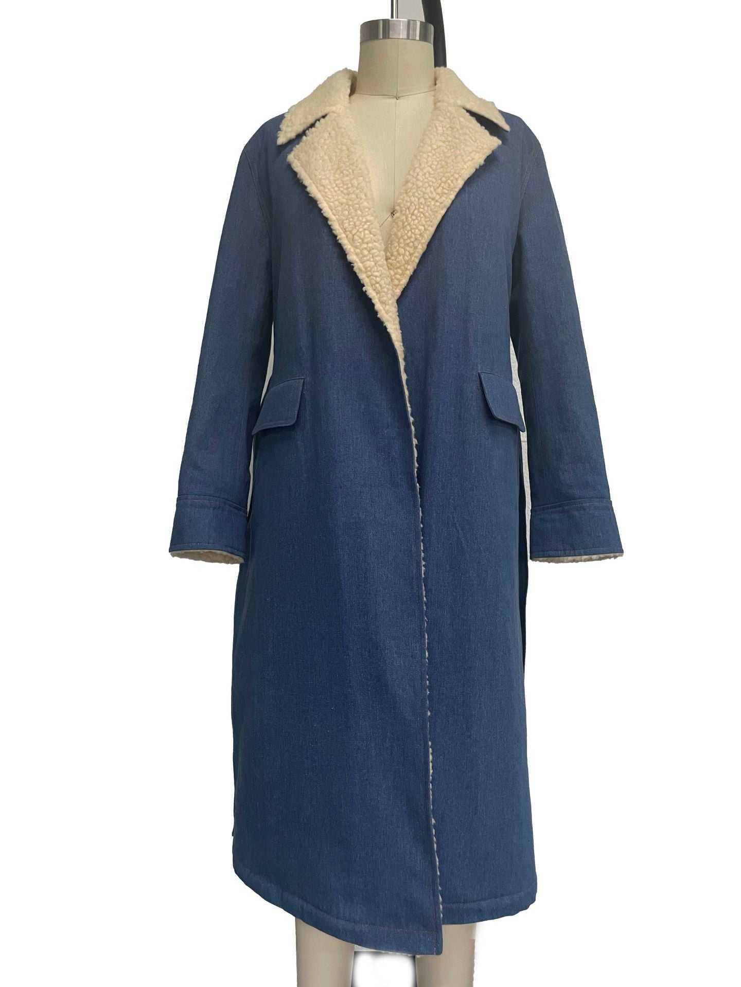 Women Sherpa Turndown Collar Strappy Double Pocket Denim Trench Coat 6