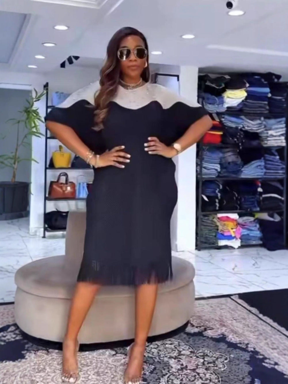 Beaded Plus Size African Fashion Bat Sleeve Color-Block Midi Loose Women's Dress 7