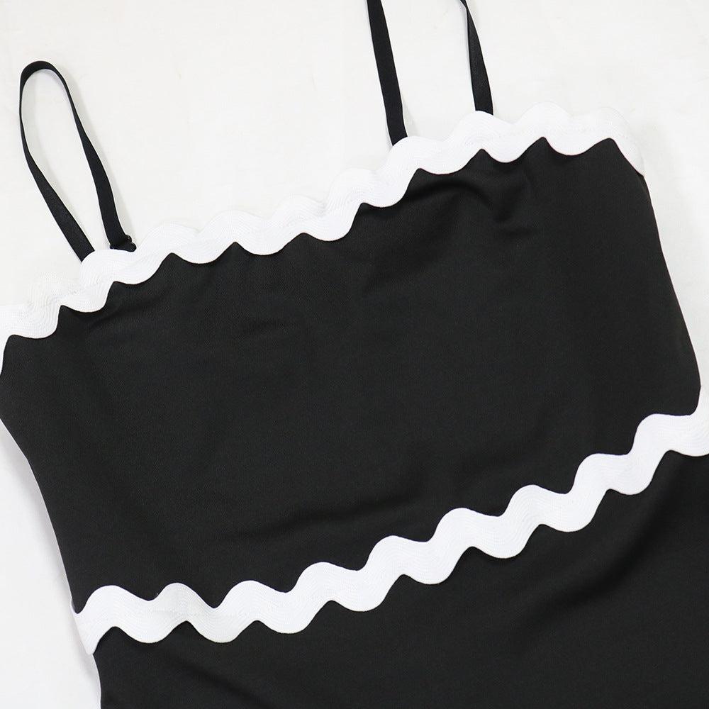 Women Strap Solid Wave Ribbon Patchwork Solid Strap Dress 17