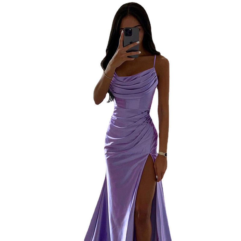 Spring Strapless Gathered Slit Satin Dress Sexy Slim Bodycon Dress 12