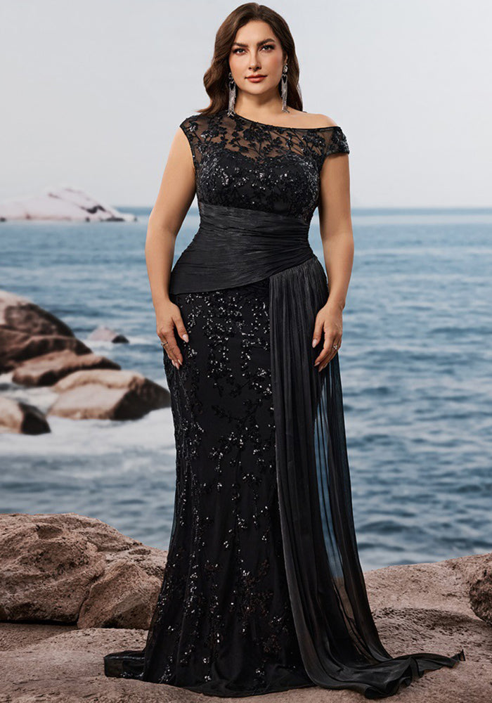 Plus Size Women's Elegant Sequin Patchwork Fitted V-Neck Sleeveless Evening Dress Mother of the Bride Gown