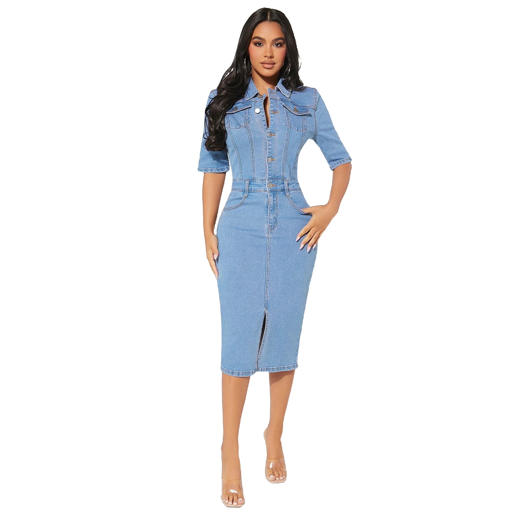 Ladies Elastic Breasted Denim Bodycon Dress 10