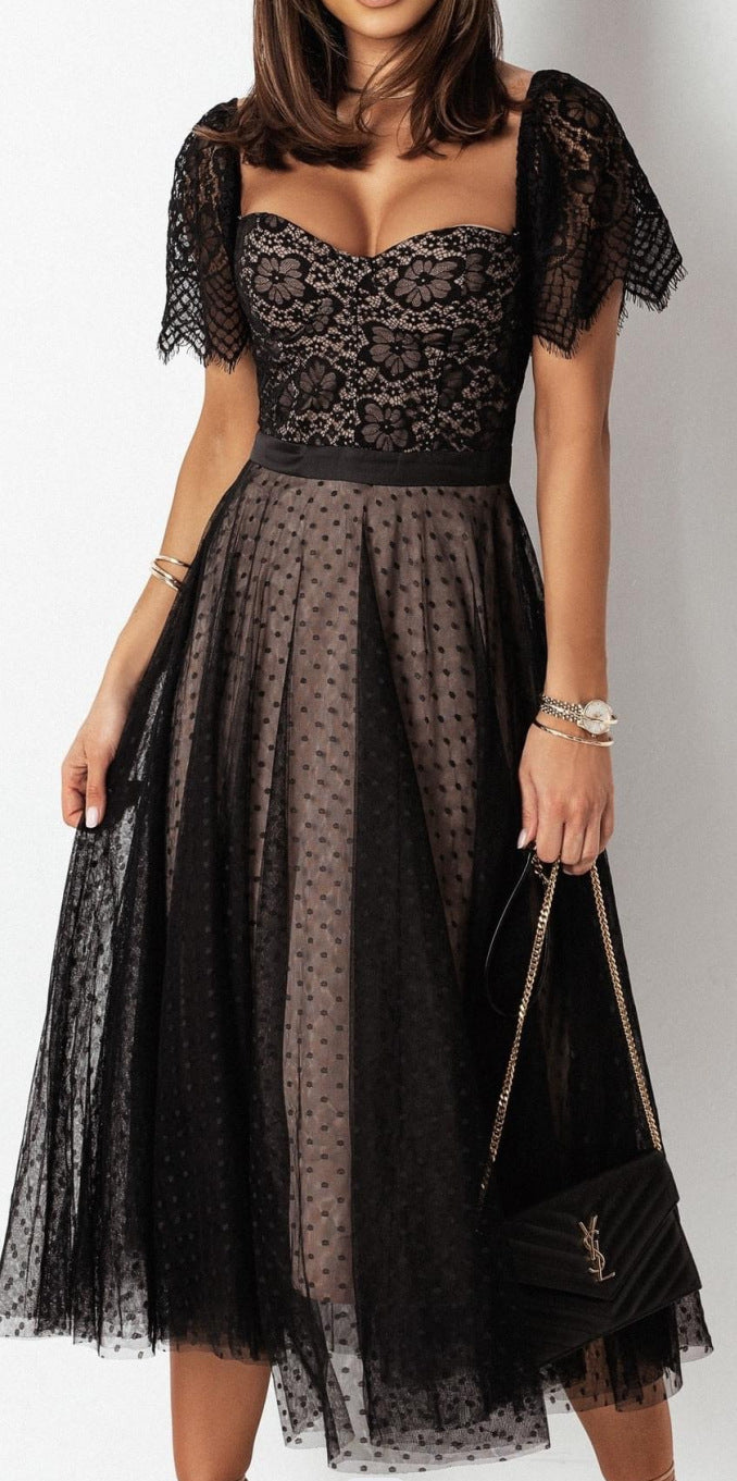 Sexy short-sleeved lace dress summer Low Back Slim Waist dress 4