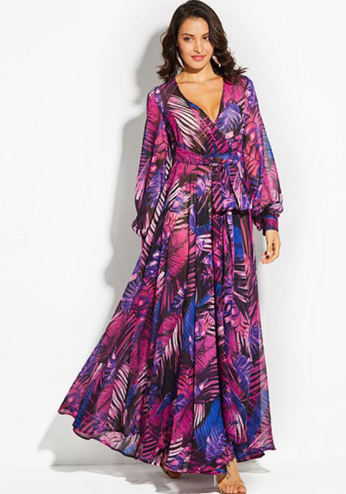 Summer Lantern Sleeve Sexy Deep V Neck Leaf Print Long Dress