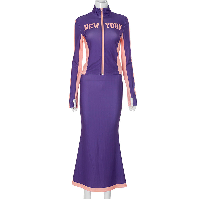 Women Letter Zipper Top and Long Skirt Two Piece Set 9