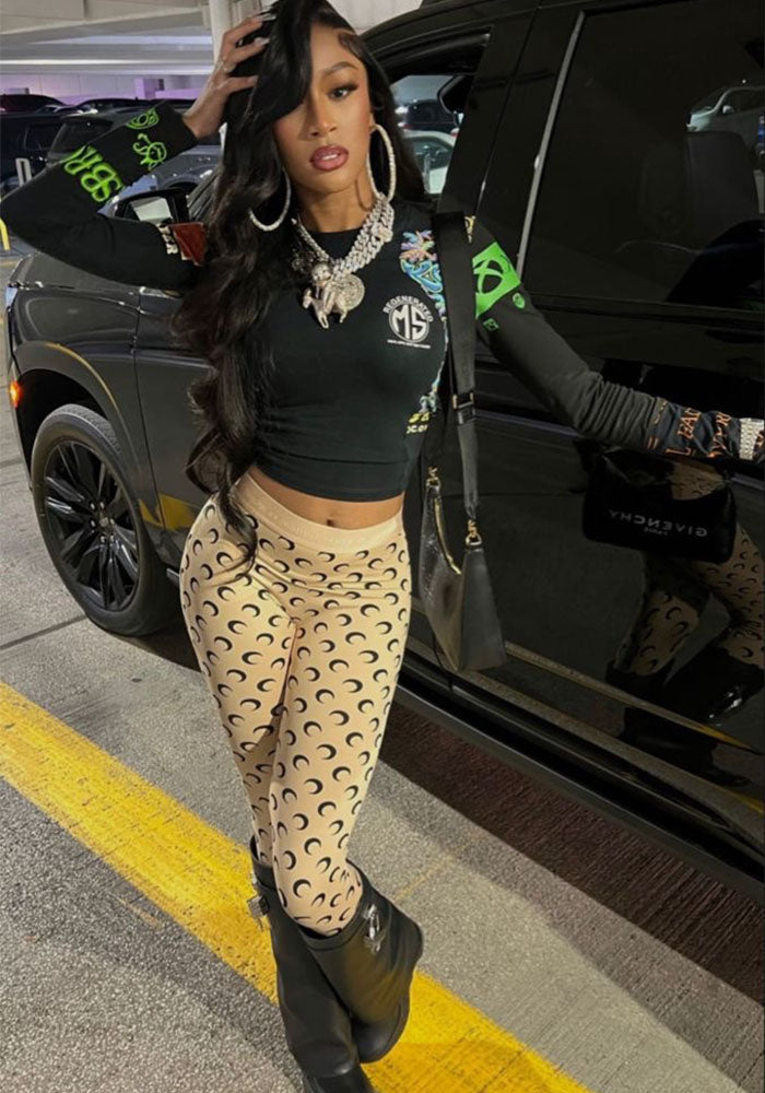 Fashionable Trendy Moon Print Elastic Slim Sexy Top & Trousers Set