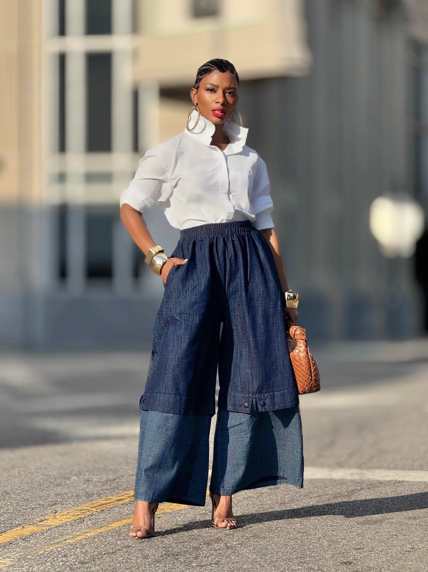 Street Style Patchwork Color-Block Wide-Leg Denim Pants 3