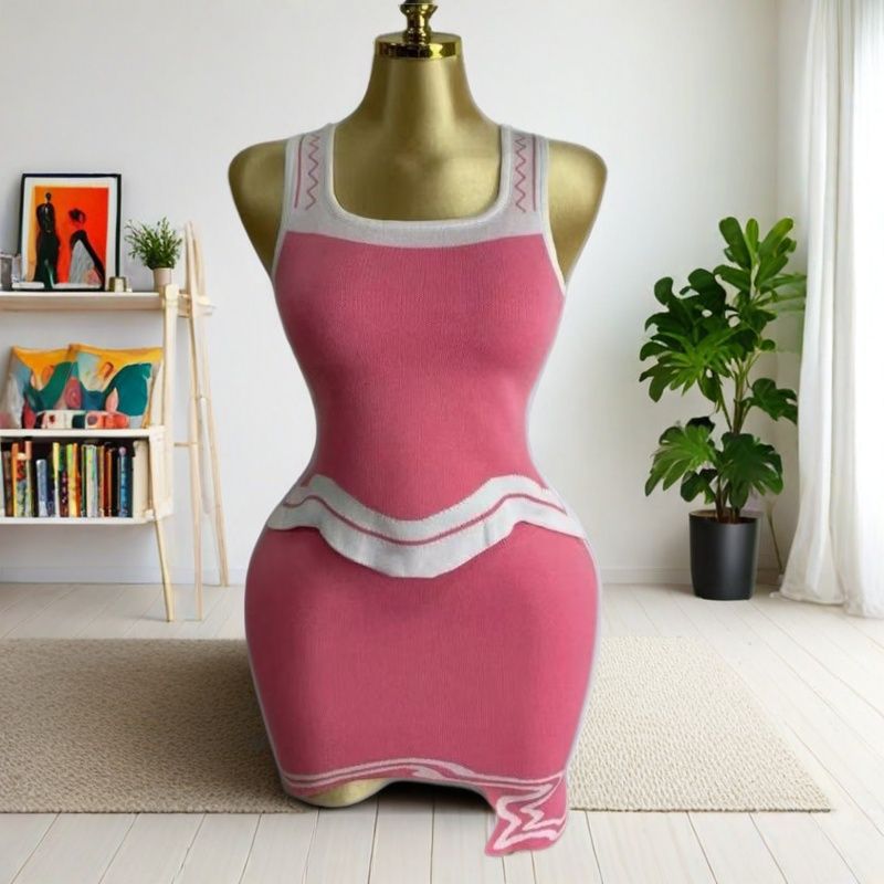 Women Knitting Striped Vest Wave Edge Hem Square Neck Irregular Sleeveless Top and Skirt Two-piece Set 4