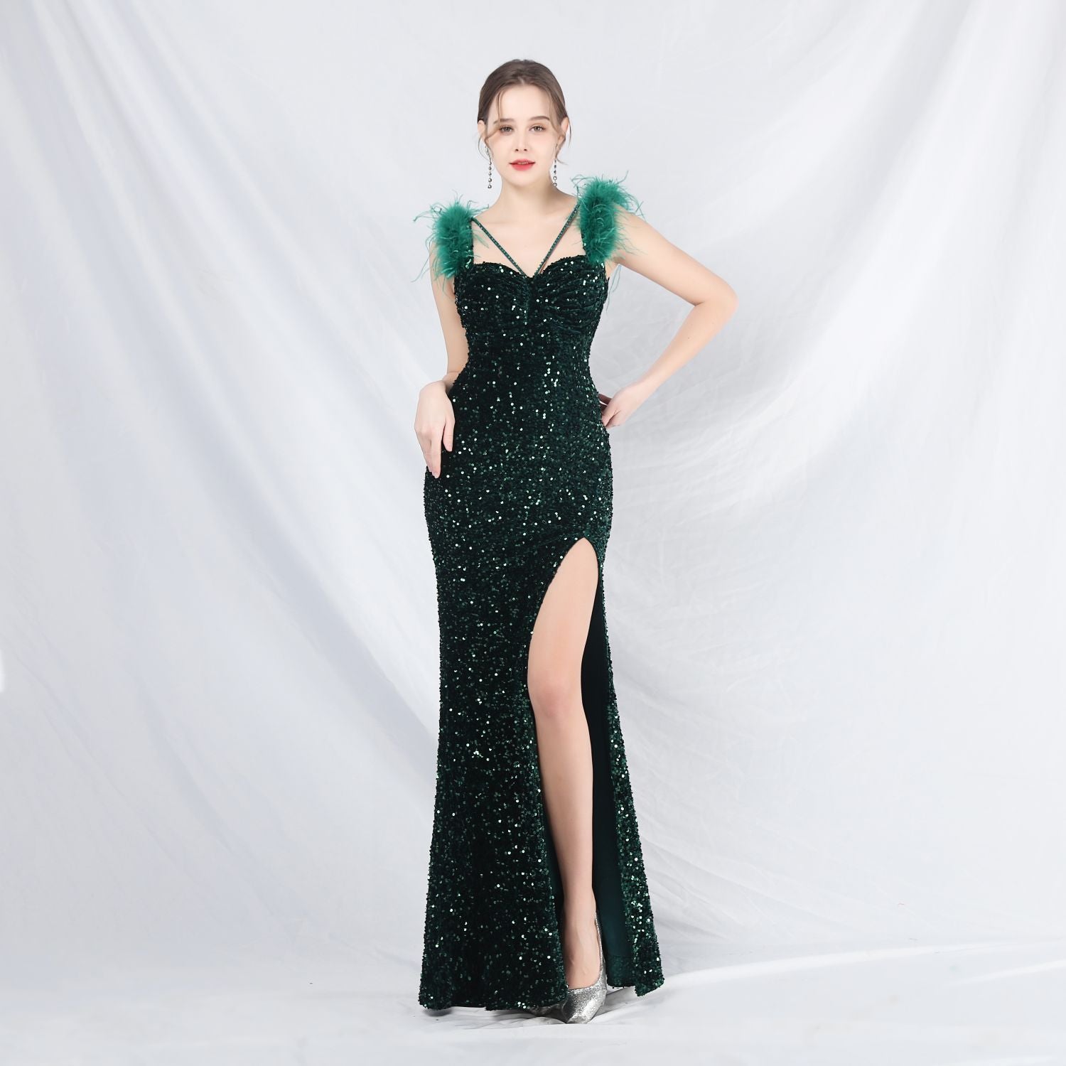 Feather Strap Sequined Long Evening Dress 4