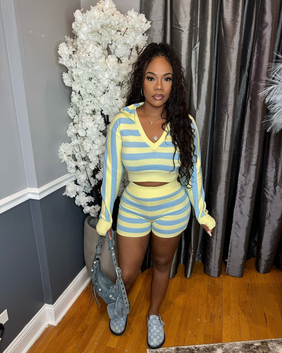 Women Casual Knitting Striped Long Sleeve Hooded Top and Shorts Two-Piece Set 3